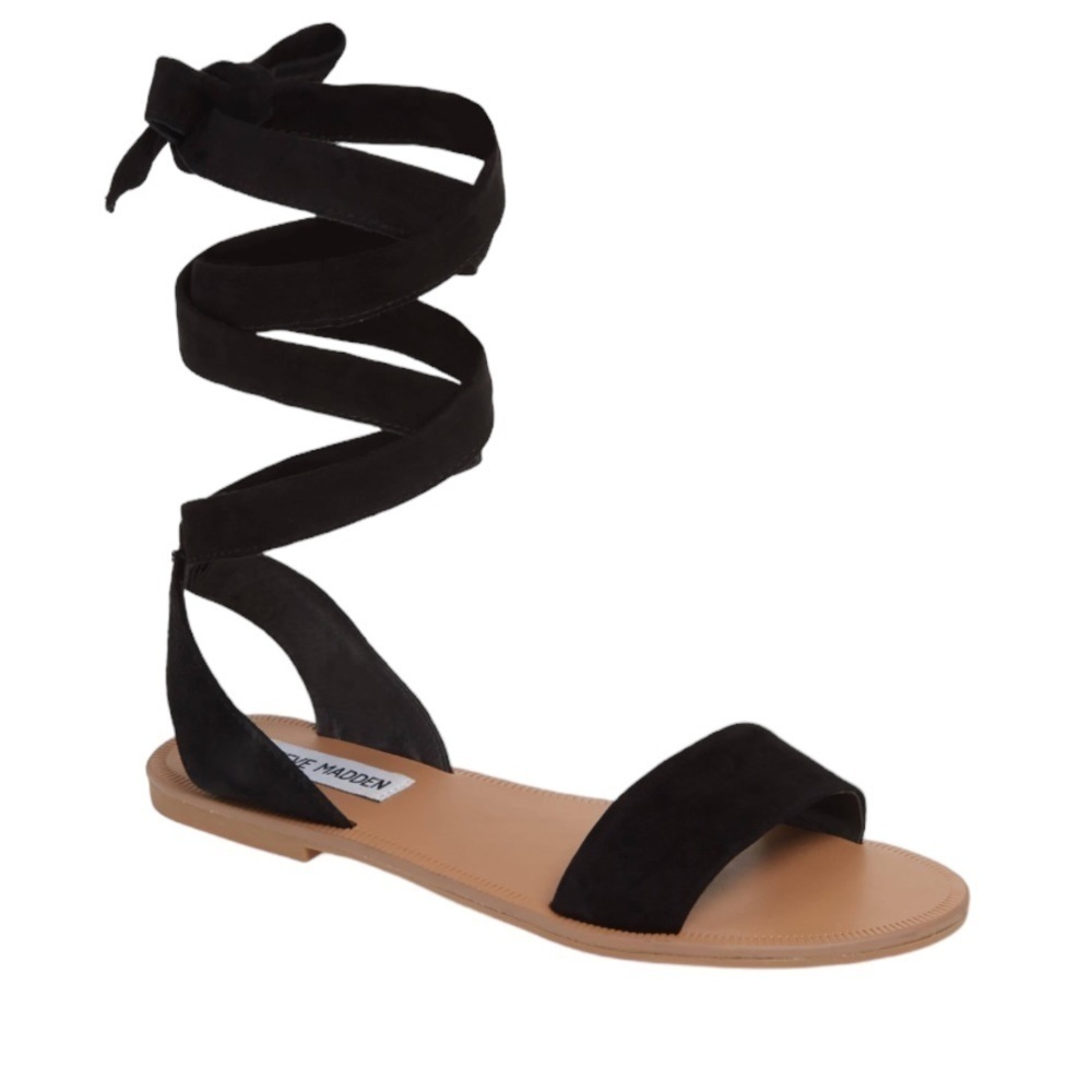 Steve Madden Lace-Up Flat Sandals Size 5.5 Suede Leather Balletcore Black Boho
